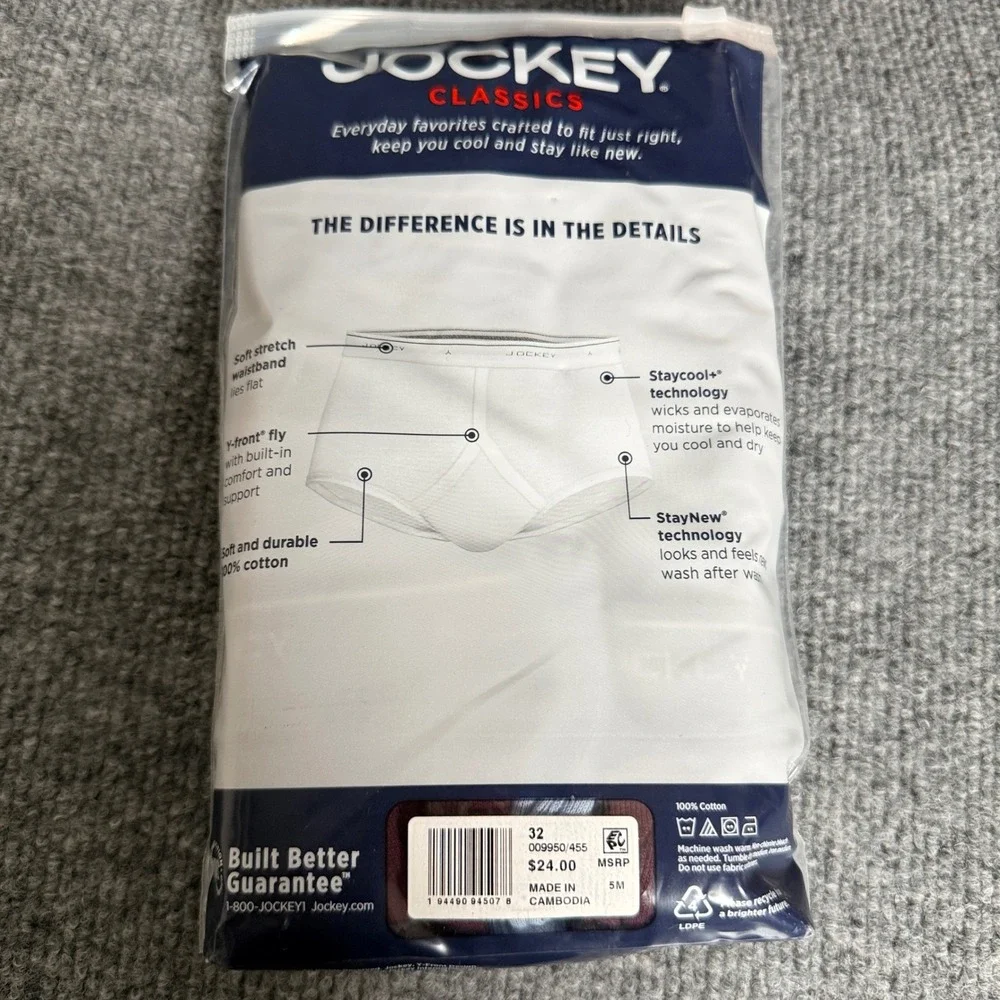 New Lot of 3 Jockey Classic Mens Size 32 Briefs White Cotton Full Rise Underwear
